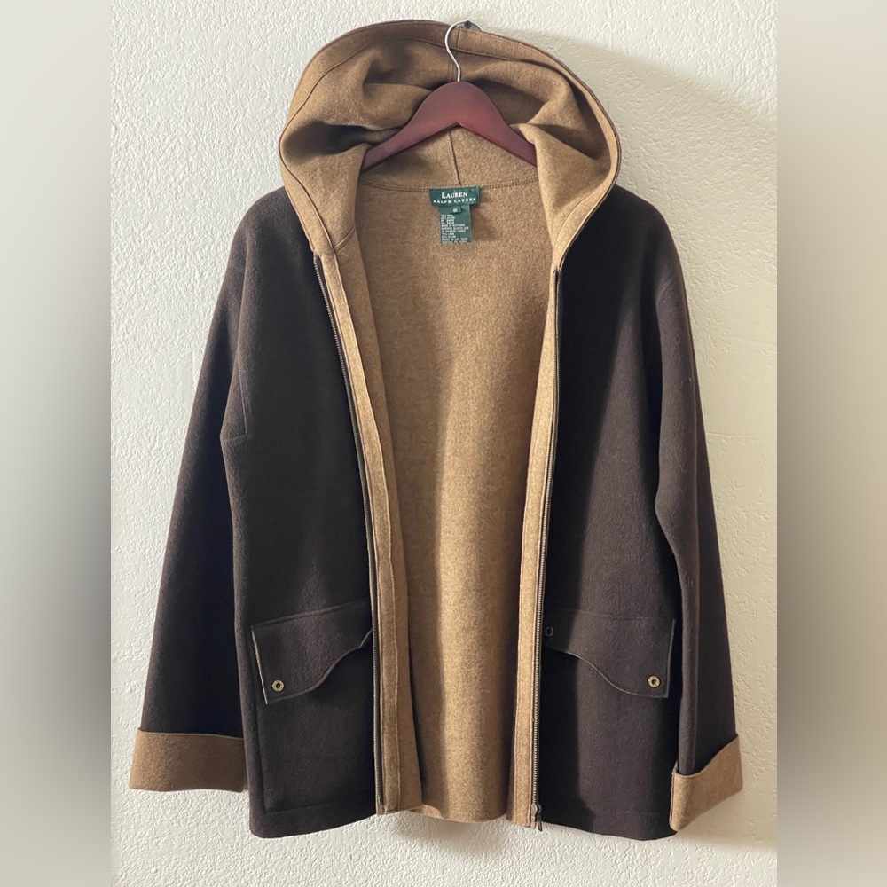 Ralph Lauren coat ~ brown & tan zip front hooded wool jacket size Small